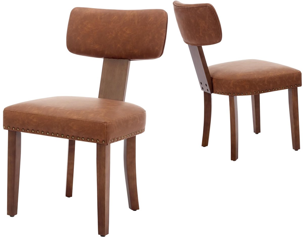 Triumpunpre - Set van 2 Eetkamerstoelen - Mid‑Century Moderne Gestoffeerde Stoelen - Houten Frame - Ergonomische Rugleuning voor Keuken en Eetkamer - Lederen Klinknagels | Bruin