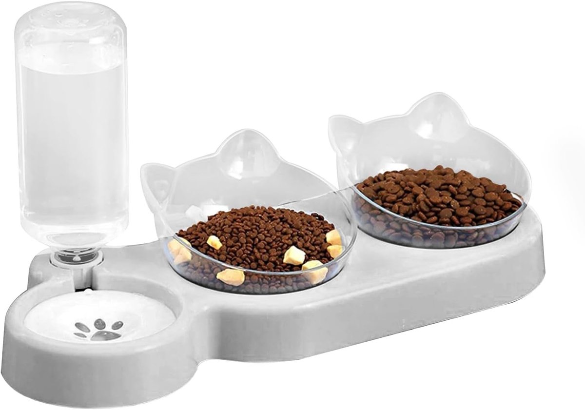 Hoge Voeder- en Waterbak voor Katten en Kleine Honden, 15° Inclinatie, Automatische Waterfles, Ideaal voor Gezonde Voeding