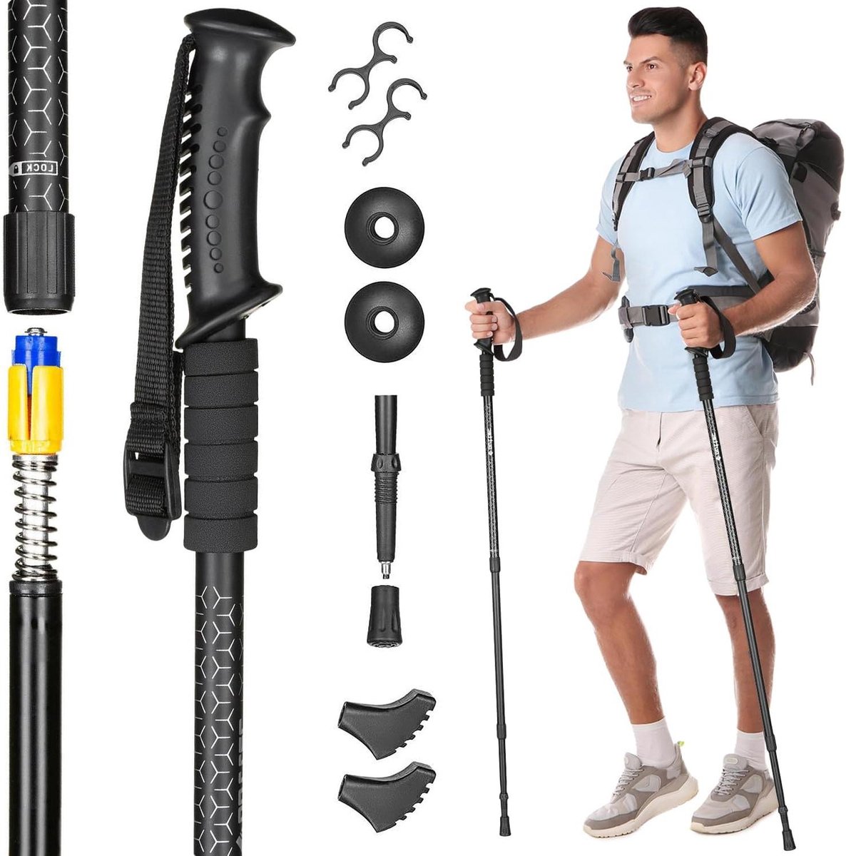 Wandelstokken - Trekking stokken - Actief Wandelen - Anti-shock systeem - 65-135 cm - Zwart Zilver