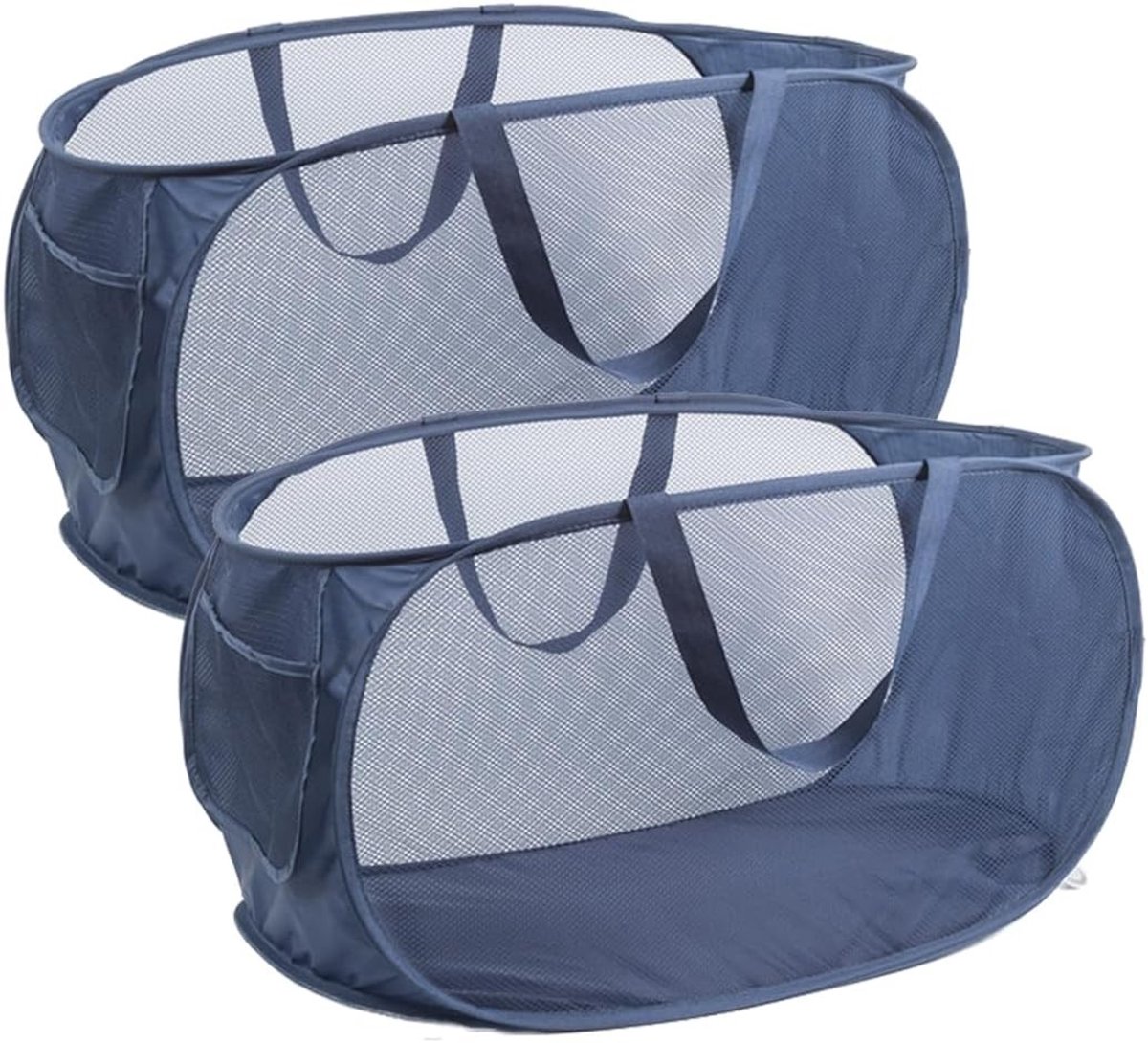Vouwbare Wasmand met Pop-Up Ontwerp en Zijvak voor Vuile Kleding, Ideaal voor Badkamer, Kinderkamer en Kamperen, 57 x 36 x 36 cm, Set van 2, Navy Blauw
