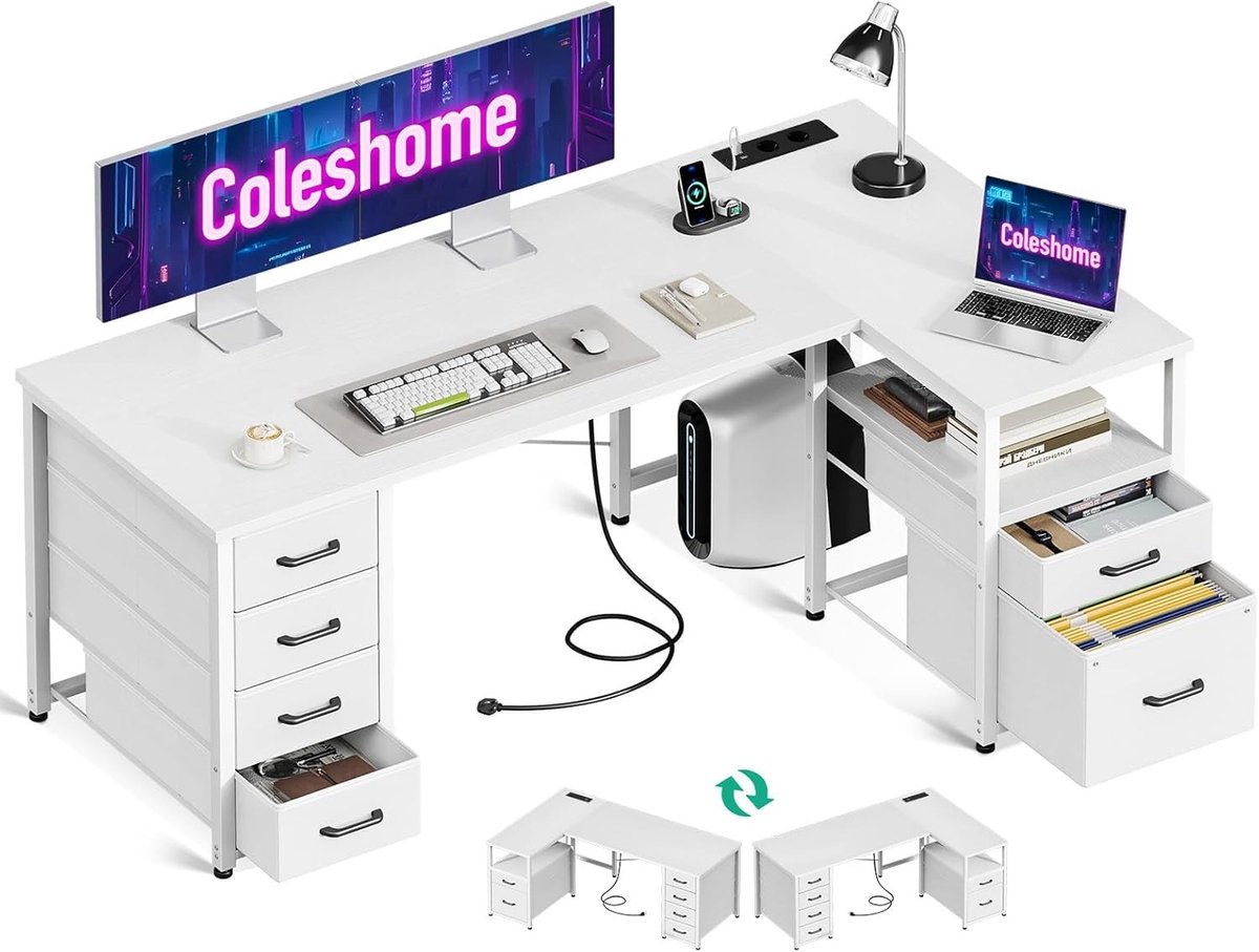 Bureau met lade en kastje - Wit - 140 x 80 cm - Omkeerbaar met USB-oplaadpoort - Voor Thuisgebruik