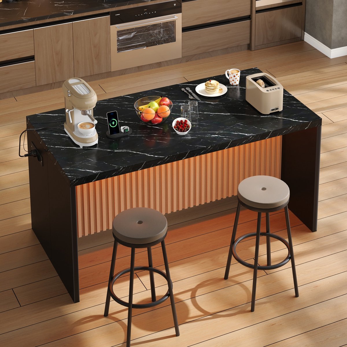 Clruro Keukeneiland - 155 x 80 x 90 cm - LED en Stopcontact - 40 mm Werkblad - MDF - Zwart Marmerlook