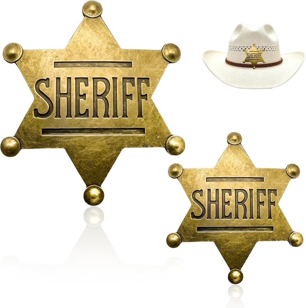 Set van 2 Retro Sheriff Badges in Antiek Messing Look, Hexagonale Ster, Kostuumaccessoires voor Carnaval, Feest en Verkleedpartijen