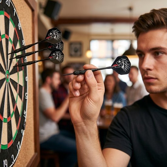 Zwart dartpijlen set 3 stuks dartpijlen heren dames soft tip darts met kunststof punt en geribbelde grip en zwarte flights met grafisch patroon — afbeelding 3