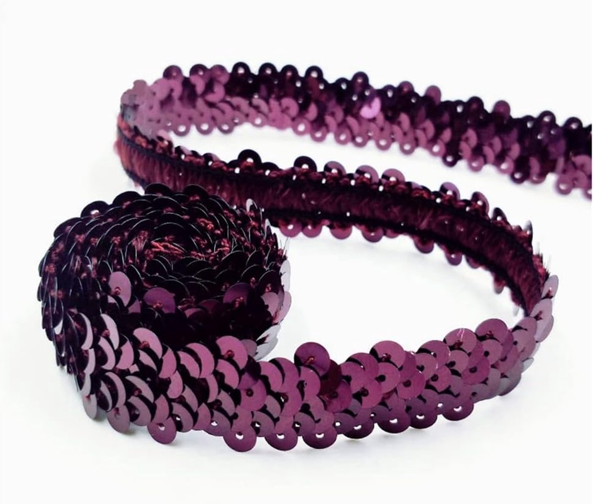 Paillettenband, elastische paillettenband, 2 cm breed, paillettenband, 2 rijen, paillettenboord, stoffen band voor doe-het-zelf naaien, kleding, handwerk, decoratie, rode wijn
