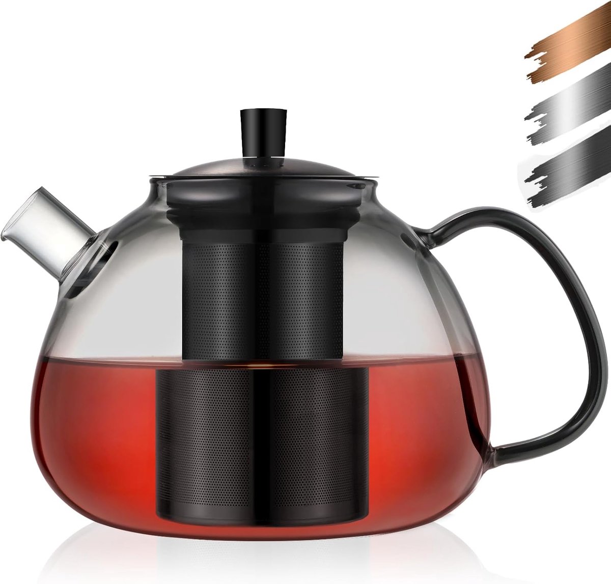 ecooe Glazen Theepot met Theefilters,1500ml Theepot van Glas met Infuser, Borosilicaat-Theepot met Deksel voor Theebloemen, Losse thee en Theezakjes, Zwart