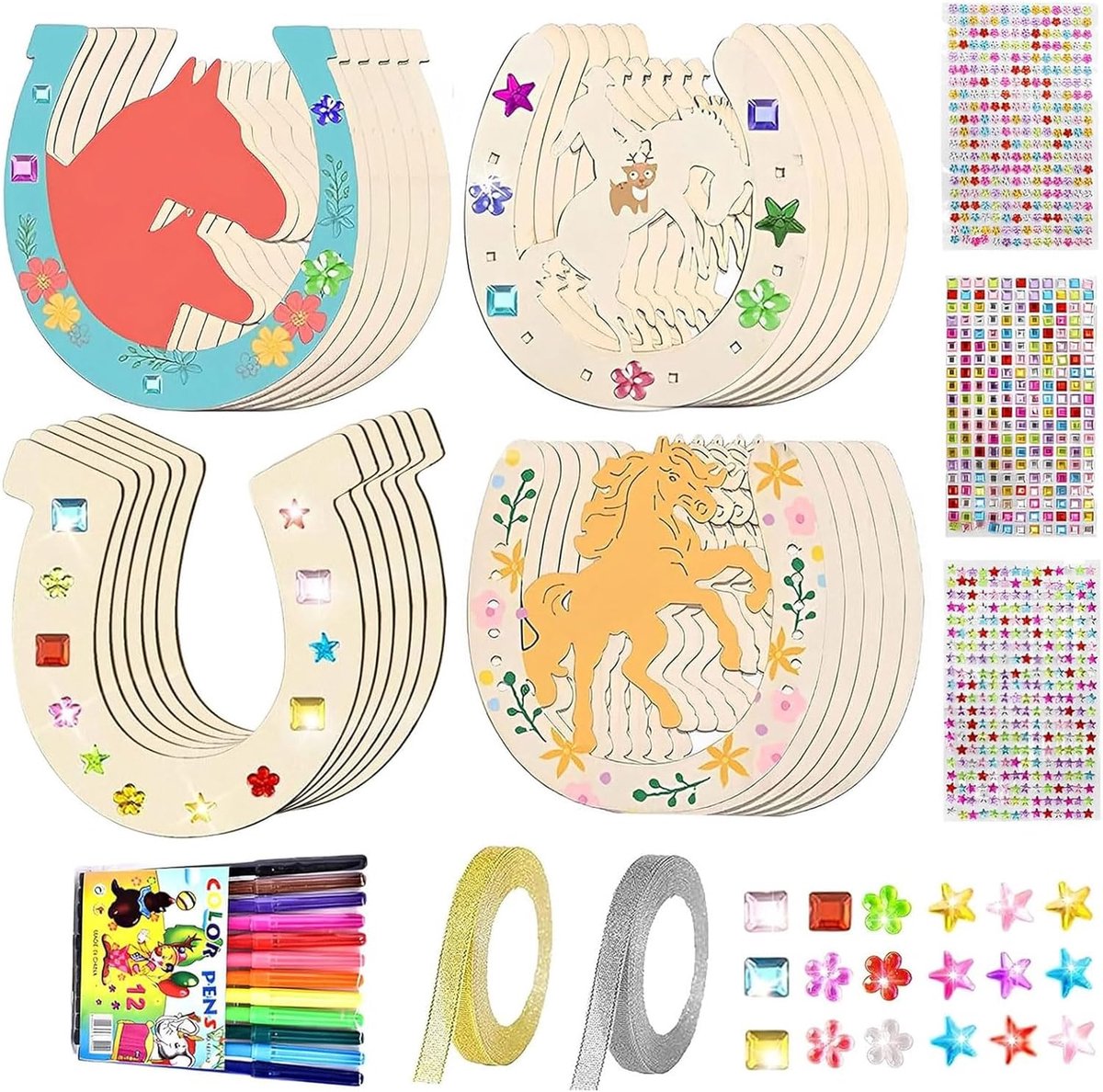 Houten hoefijzer knutselen, houten hoefijzer handwerk, houten hoefijzer voor kinderen, schijven in hoefijzervorm en stickers met 12 aquarelstiften en 2 glitterbanden voor