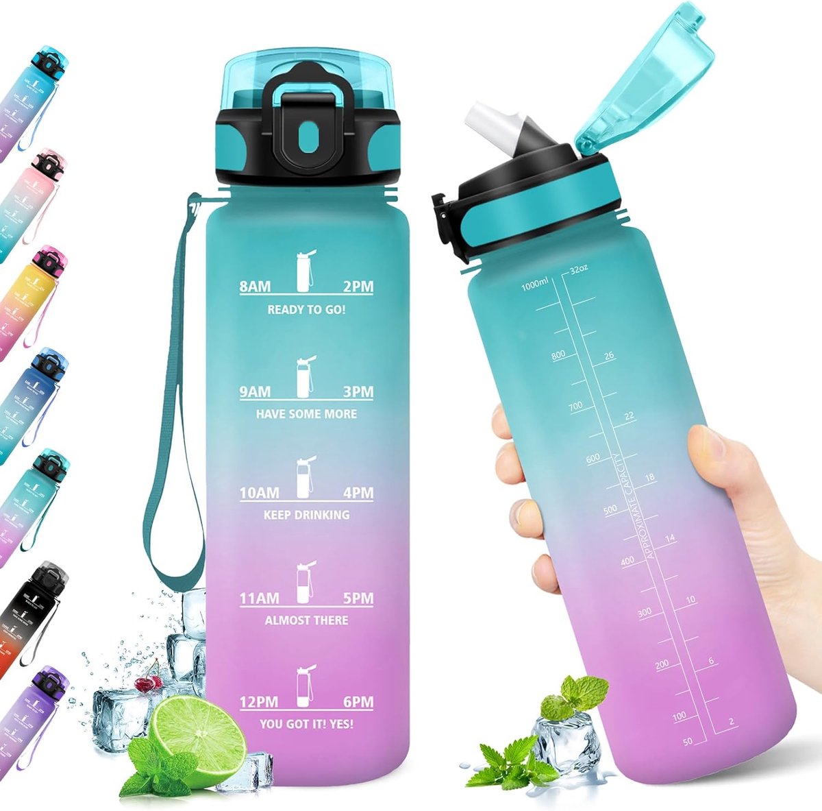 Drinkfles, 1 liter, waterfles met rietje, lekvrij, motiverende drinkfles, drinkfles voor volwassenen, sport, school, fietsen, gym