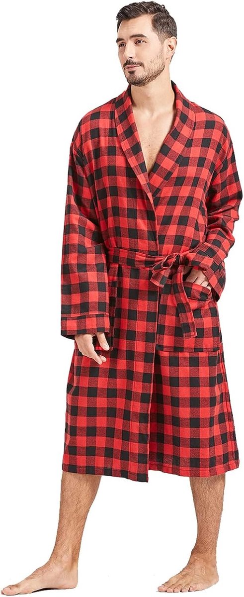 Heren Buffalo Plaid Katoenen Gewaad Lichtgewicht Badjas Sjaal Kraag Kimono Nachtkleding Loungewear Huisgewaden