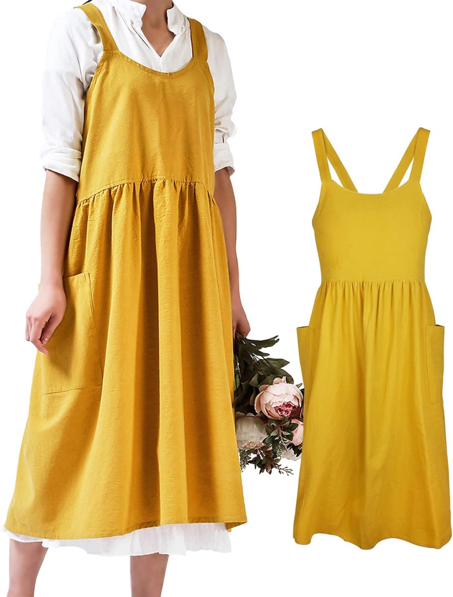 Stijl Damesschort Katoenen Linnen Schorten Crossback Pinafore met Grote Zakken Effen Kleur Literatuur Art Casual Schort voor Vrouwen Koken Chef Café Bloemenwinkel