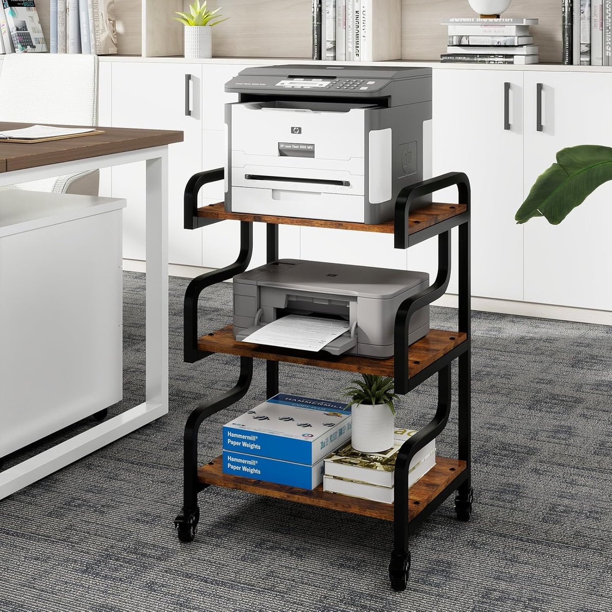 3 niveaus printerstandaard met universele wielen mobiele printtafel van hout en metaal printerrek printerwagen opbergrek voor printer kantoor werkkamer thuis keuken kantoor retro