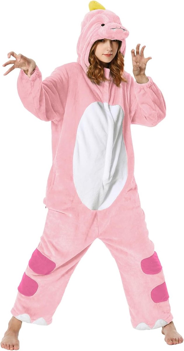 Onesie voor Volwassenen - Dierenkostuum Jumpsuit Zachte Fleece Pyjama Unisex voor Vrouwen en Mannen - Carnaval Kerst Halloween Cosplay (L, Roze Dinosaurus)