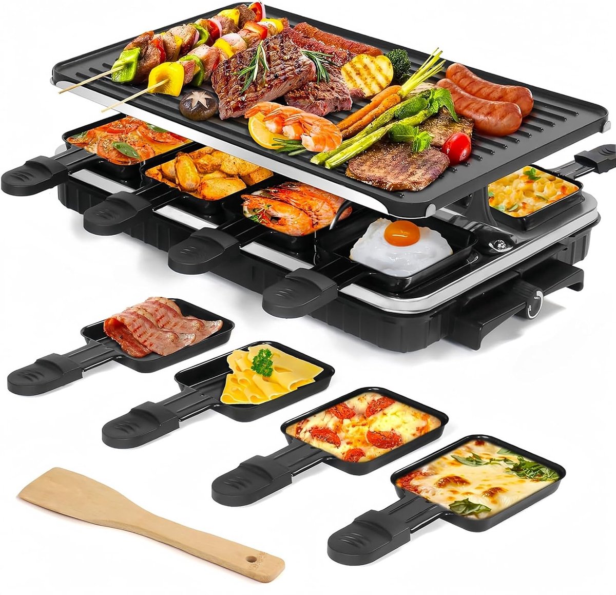 Raclette Grill, Raclette voor 8 Personen, 1300W Niet-Plak Elektrisch Grill met 8 Mini Raclette Kaaspannen & 1 Houten Spatel, voor Binnen Barbecueën in de Familie