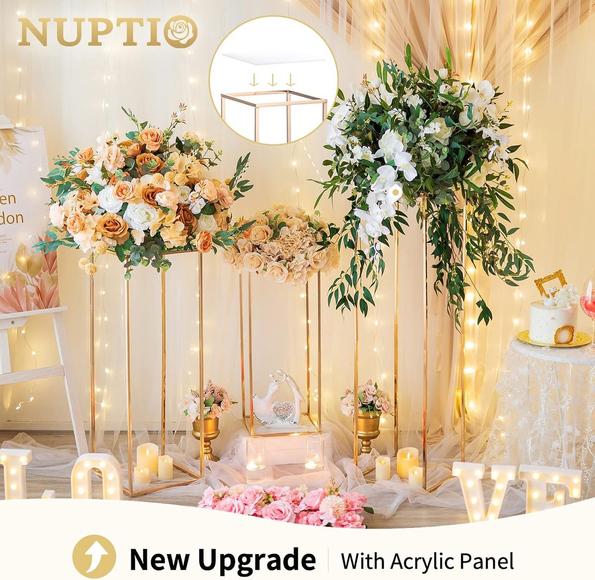 Gouden Bruiloft Centerpieces voor Tabellen met Acryl Panel - 3 Stuks Hoge Gouden Vaas voor Centerpieces Kolom Bloem Stand Metalen Vazen voor Bruiloften Partij Woondecoraties (60cm/80cm/100cm)