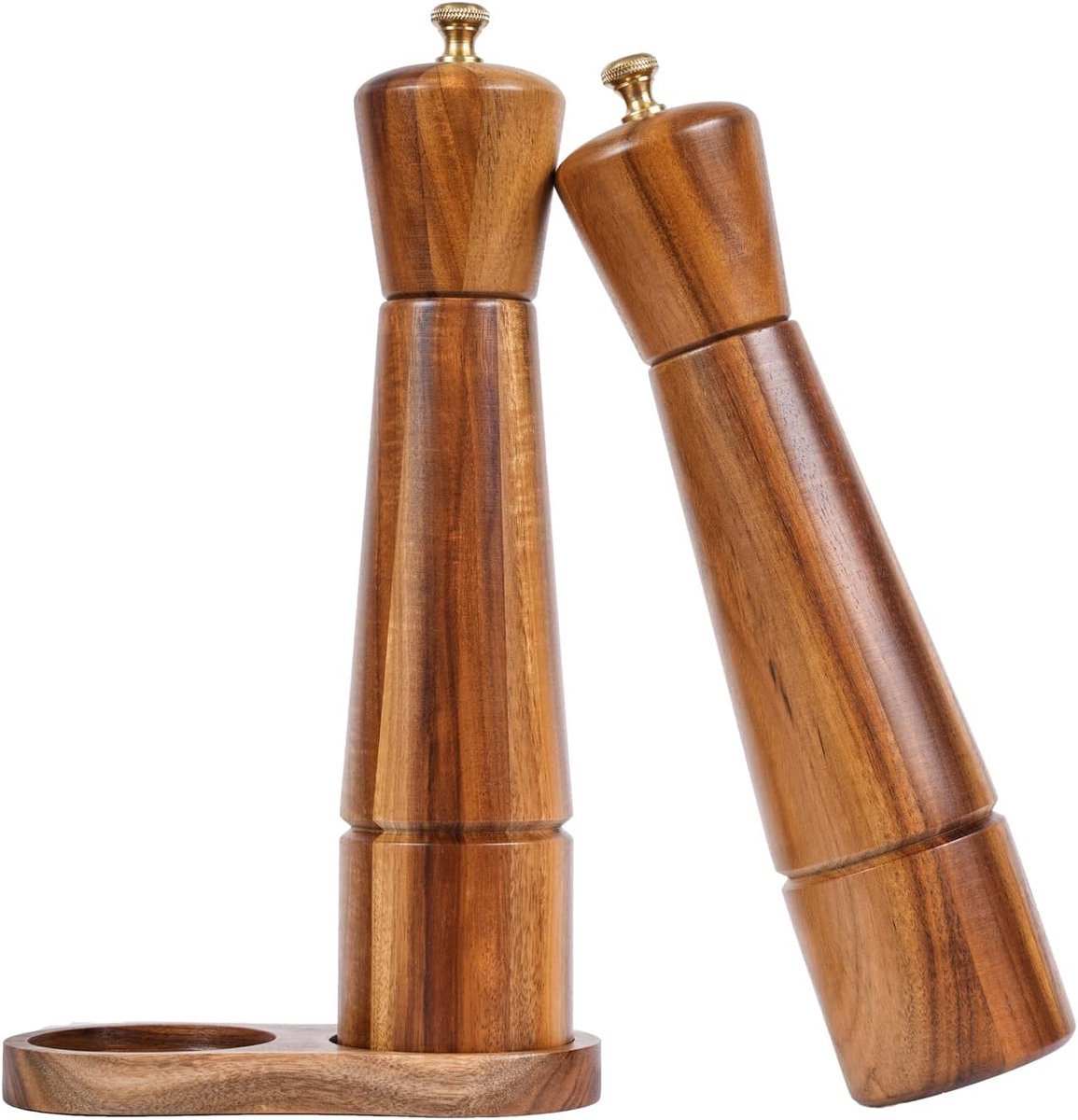 Zout en Pepermolen Set met Molen Plateau, Verstelbare Keramische Zoutmolen en Pepermolen, Roestvrij Stalen Molen, Acacia Hout, 27 cm Hoogte, Bodem Diameter 6 cm