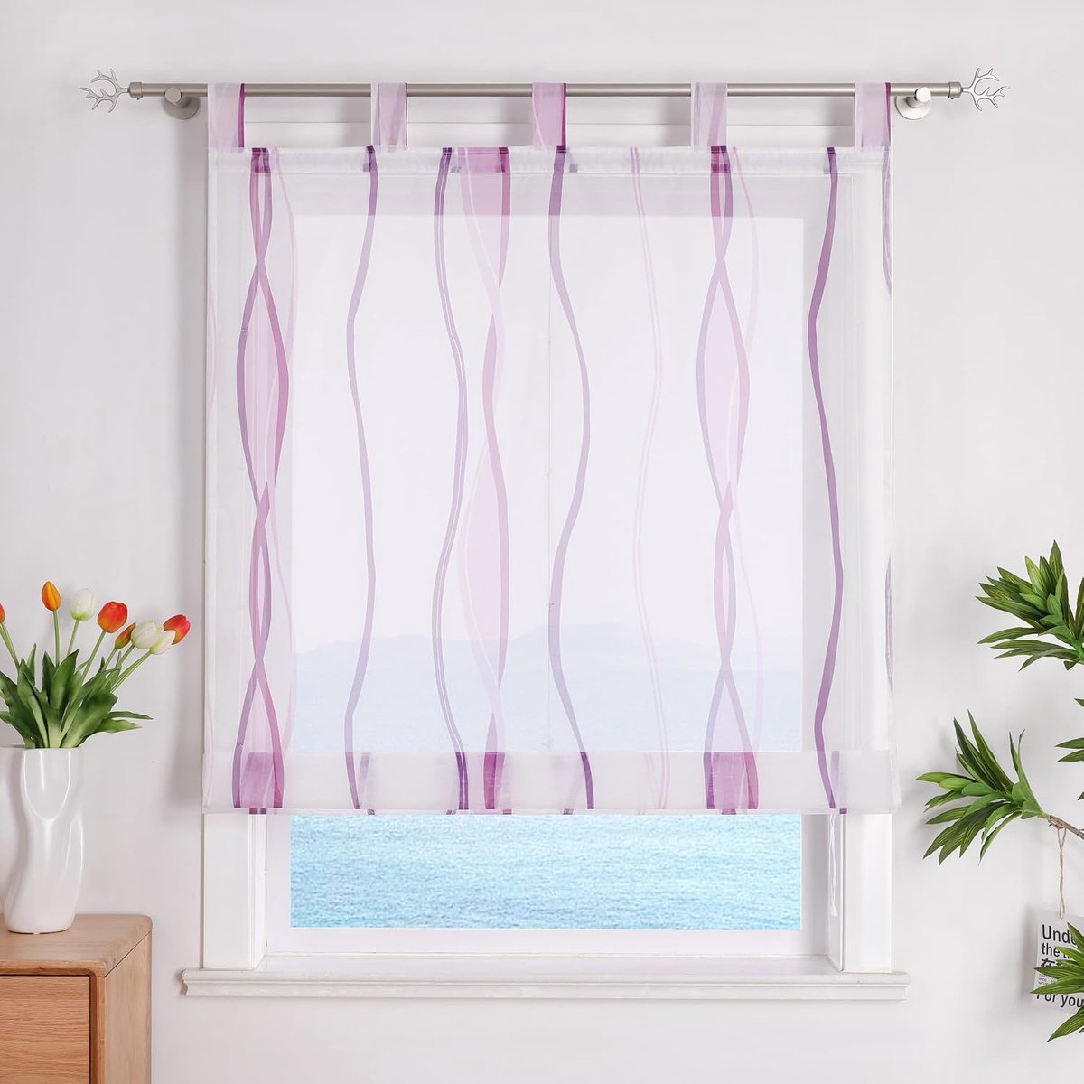 Vouwgordijn met lussen gordijnen keuken vouwgordijnen transparant lusgordijn gordijnen met golfprint modern voile violet B x H 120 x 140 cm 1 stuk