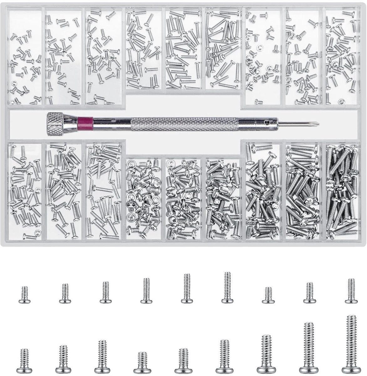 500 stuks brillenschroeven, M1.2/M1.4/M2 kleine schroevenset, microschroeven, lenskopschroeven, ronde kopschroeven, reparatieschroeven, brilschroeven voor brilbeugel, horloges, laptop (L)