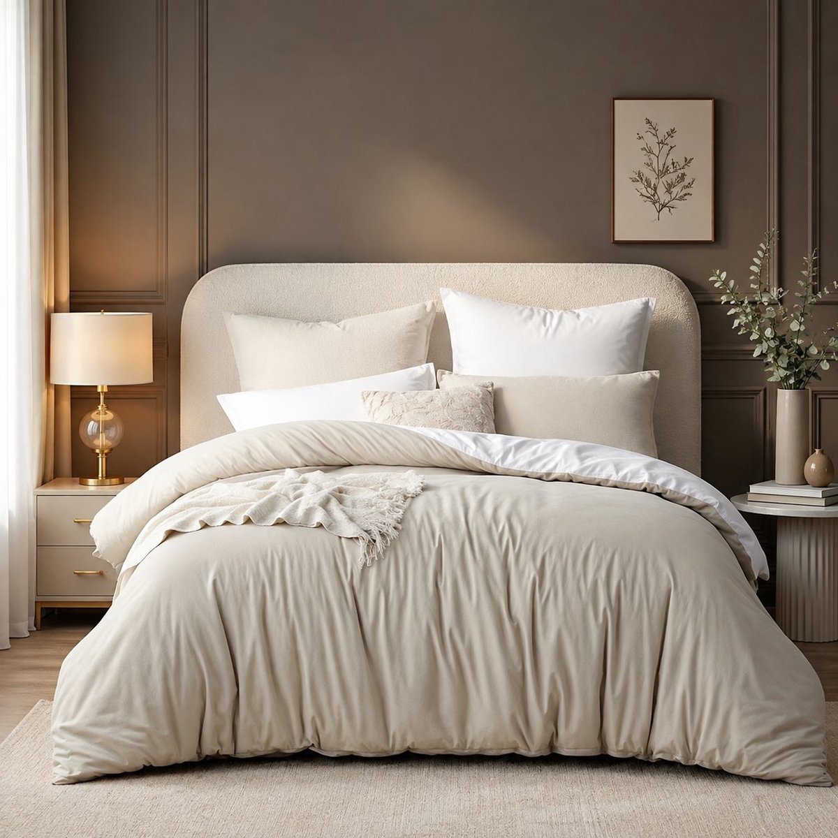 Nazik Living Beddengoed set 4-delig, omkeerbaar dekbedovertrek 135 x 200 cm, microvezel, zacht en strijkvrij, beige/wit