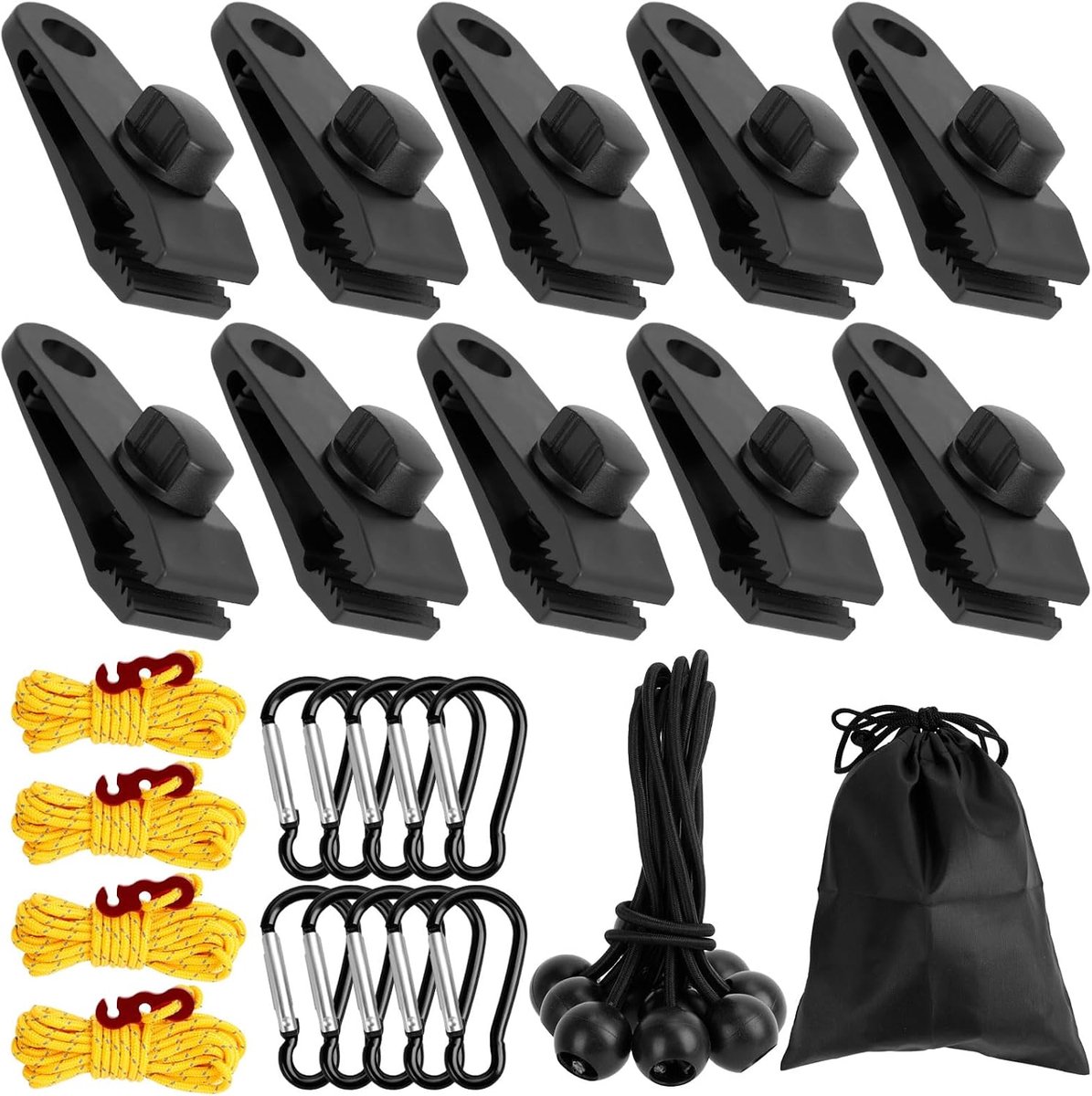 10 stuks campingklemmen, zwarte clip voor tentzeilen, dekzeilen, borden, inclusief 10 elastieken met bal, 10 karabijnhaken, 4 winddichte spankabels