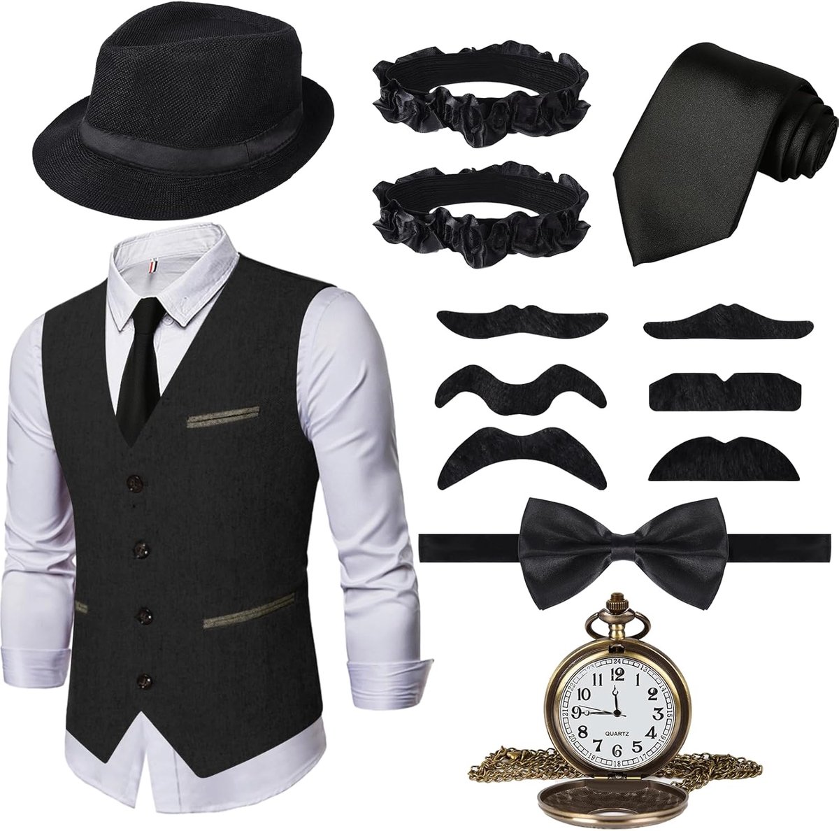 Jaren 20-herenaccessoires, 1920-maffiakostuum, set met vest en verschillende accessoires, voor Halloween, carnaval