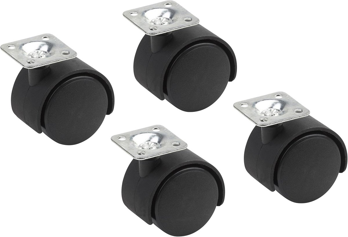 dubbele rollen, 42 x 42 mm plaat, kunststof wielen, hard loopoppervlak, glijlager, 4 stuks, transportrol, containerrol, meubelrol, 418600