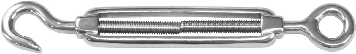 - Roestvrijstalen ring- en haakspanner model 30115 - Perfect voor het spannen van metalen kabels of draden, luifels, dekzeilen of zeilen - Afmeting: M5 x 70 mm schroef
