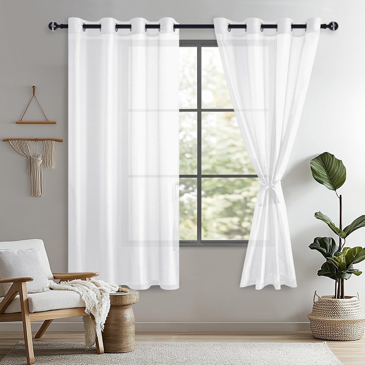 Sheer Voile gordijn, transparant, gordijn met ingestanste ringen, 2 stuks, met ogen, voor woonkamer, babykamer, slaapkamer, wit, 137 x 140 cm (h x b)