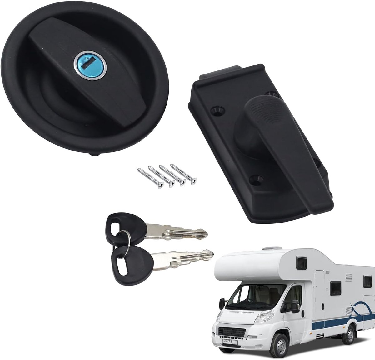 zwart rechtsdraaiend rond deurslot, caravan slot geschikt voor camper, caravan & boot inbouwgat Ø ca. 110 mm, deurbladdikte 28-36 mm