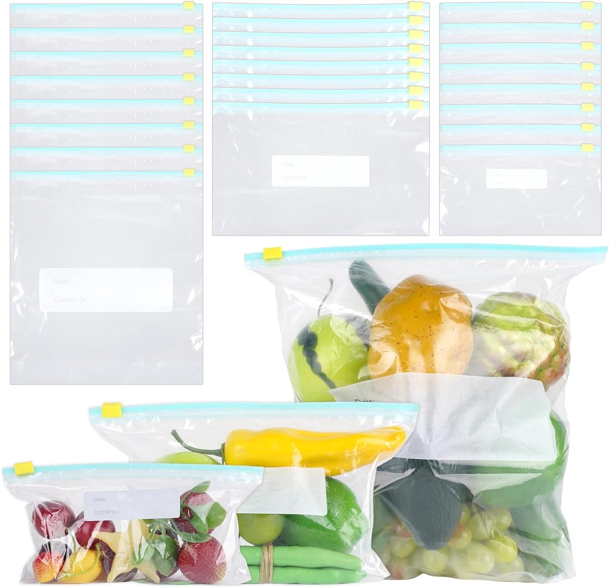 45 stuks herbruikbare vrieszakken, vrieszakken met rits, vershoudzakken voor groenten, vlees, brood, melk, snacks, 20 klein/15 medium/10 groot