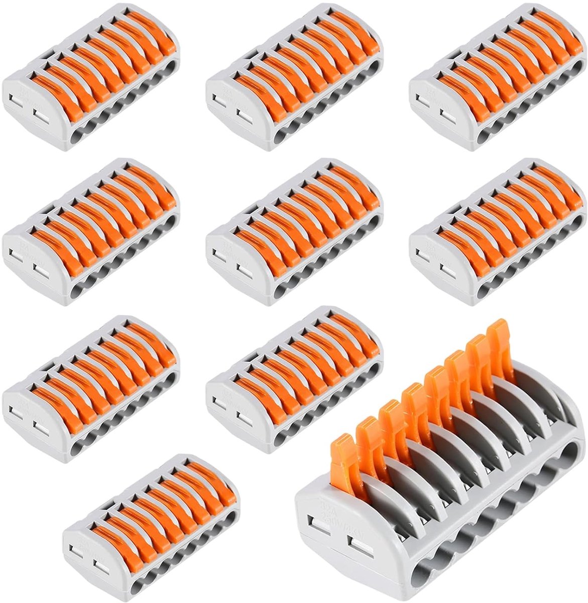 10 stuks snelle elektrische connector, verdikte koperen geleidende klemmen, 8-gaats parallelle bedradingsaansluiting, PA/PC vlamvertragende domino elektrische connector
