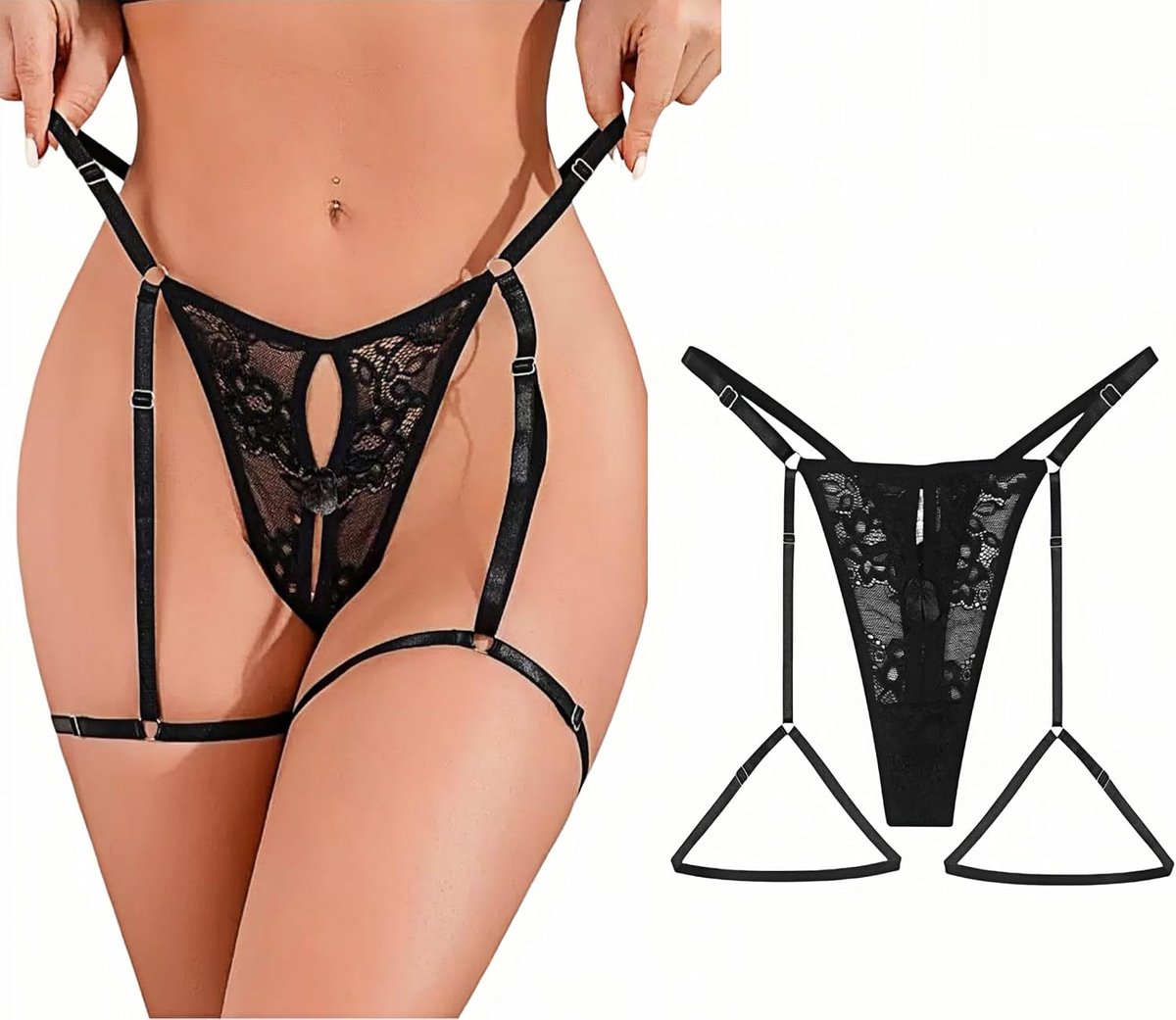 String Tanga Sexy Dunne Dames G-String Tanga Kant Verstelbare Beenlussen Tanga Dames Sexy Lingerie Niet Afneembare Kousenband String met Voering 4 Kleuren