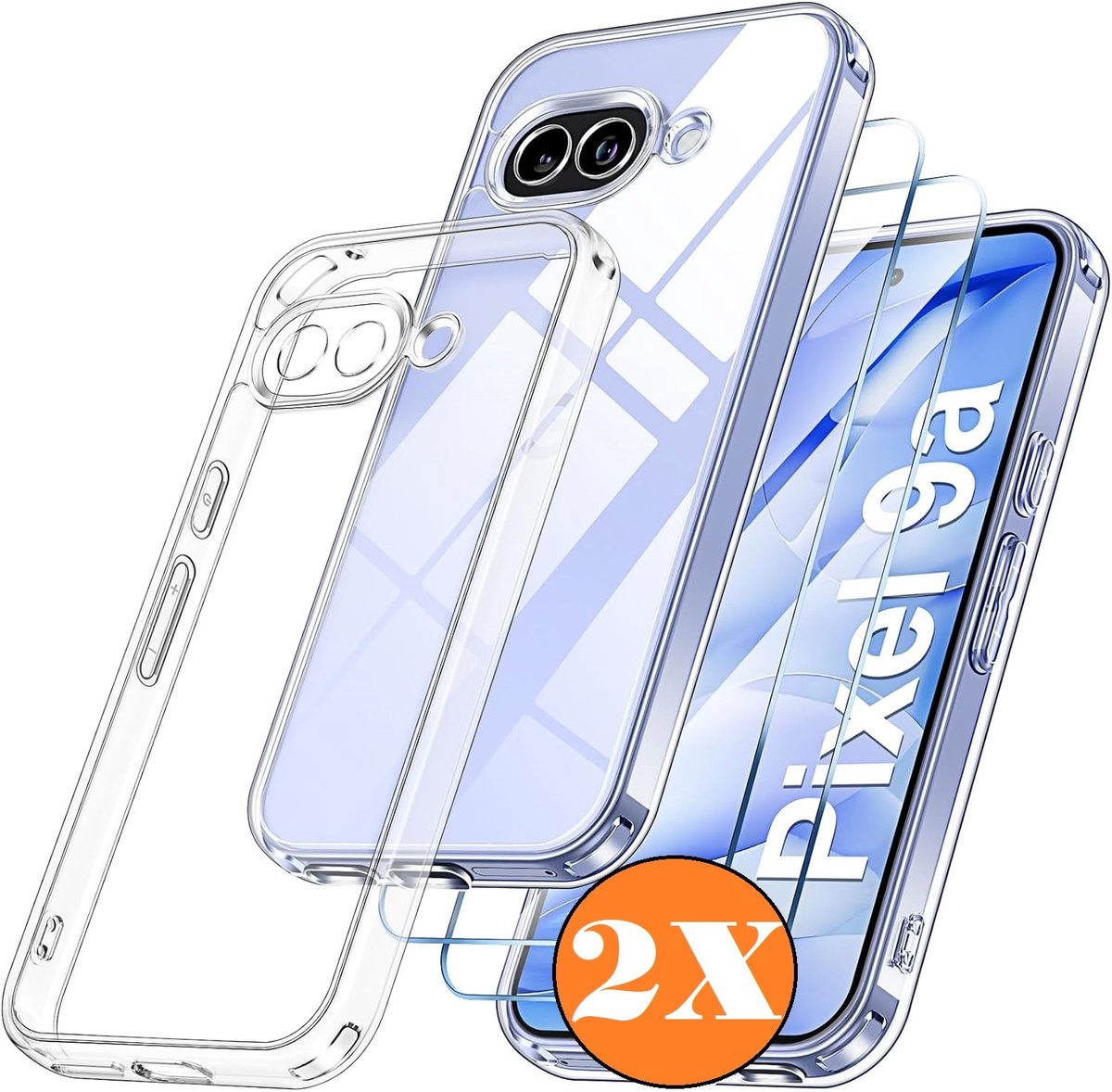 Hoesje Geschikt voor Google Pixel 9a transparant Anti Shock silicone hoesje met Google Pixel 9a Screenprotector tempered glass 2x