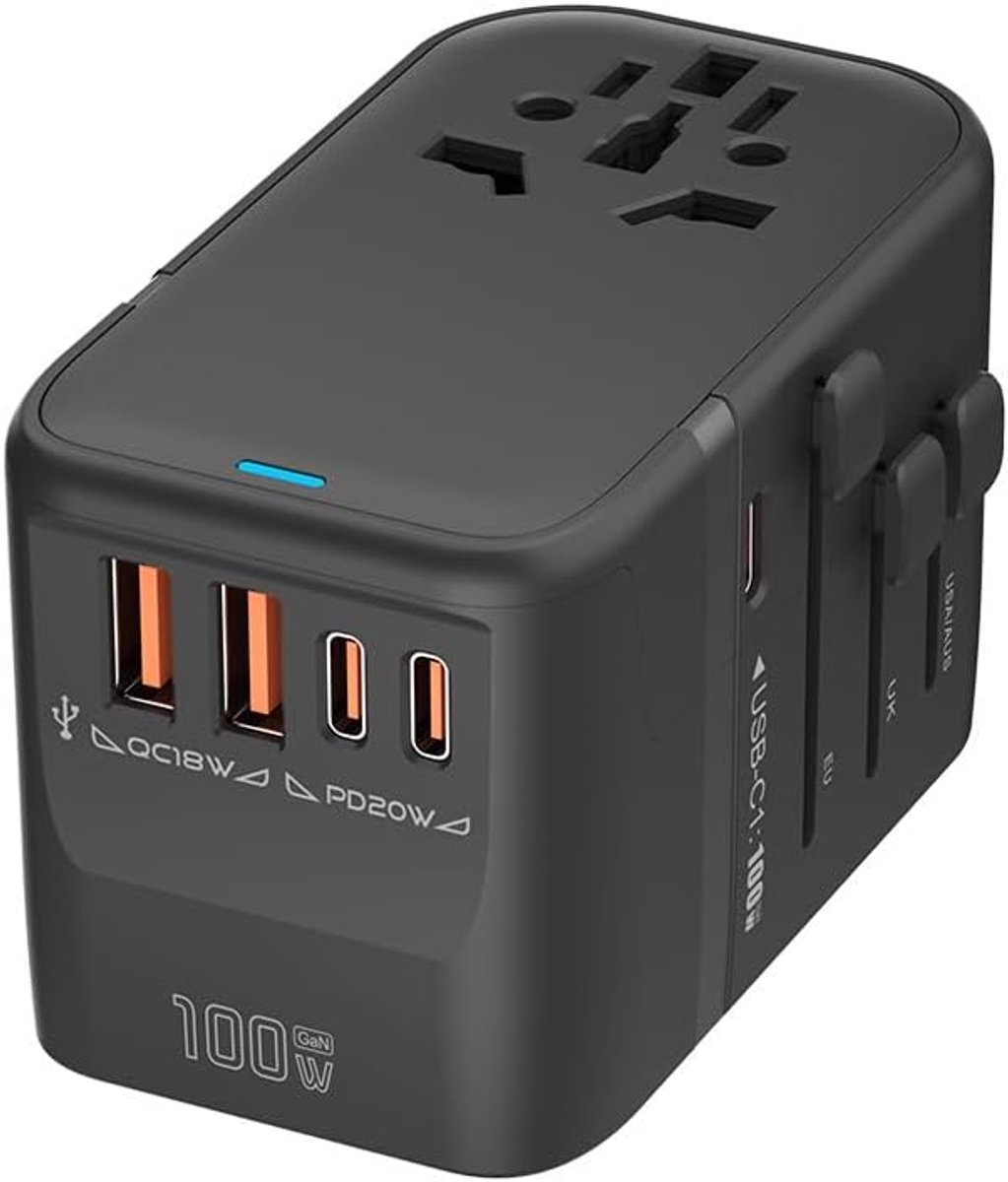 100W GaN Universal Travel Adapter International Power Adapter, 5 USB (3 USB C) Charging Ports European Travel Plug Adapter Worldwide for US to Europe UK, EU, AU (Type C/G/A/I) Outlet Wall Charger