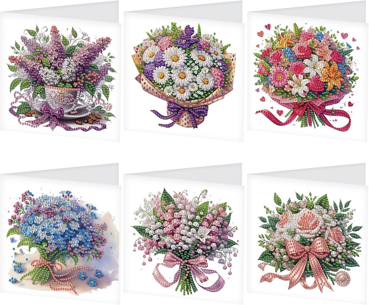 6 stuks Diamond Painting kaart verjaardag bloem diamant schilderij wenskaart bloem schilderij diamant verjaardag kaart kit borduurwerk puzzel volwassenen kruissteek groeten kaarten met