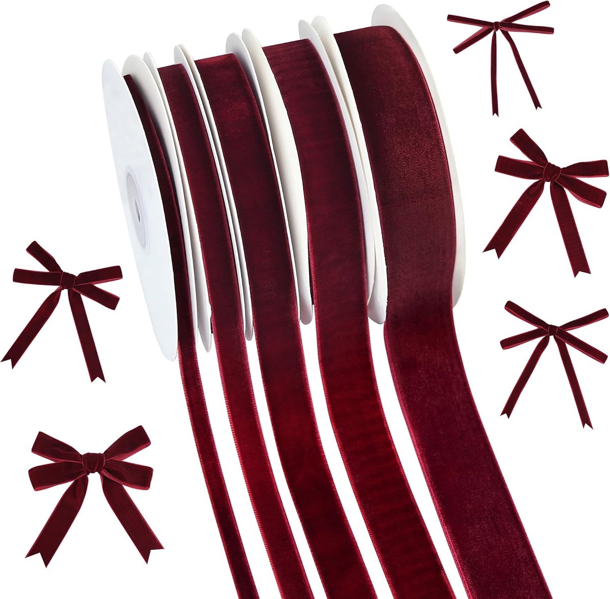5 rollen bordeauxrood fluwelen lint doe-het-zelf handwerk, luxe donkerwijnrood stretch geschenkverpakkingslint voor haarstrikken naai-accessoires bruiloft kerstboomdecoratie, 2 / 8,3 / 8,5 / 8,7 / 8,1