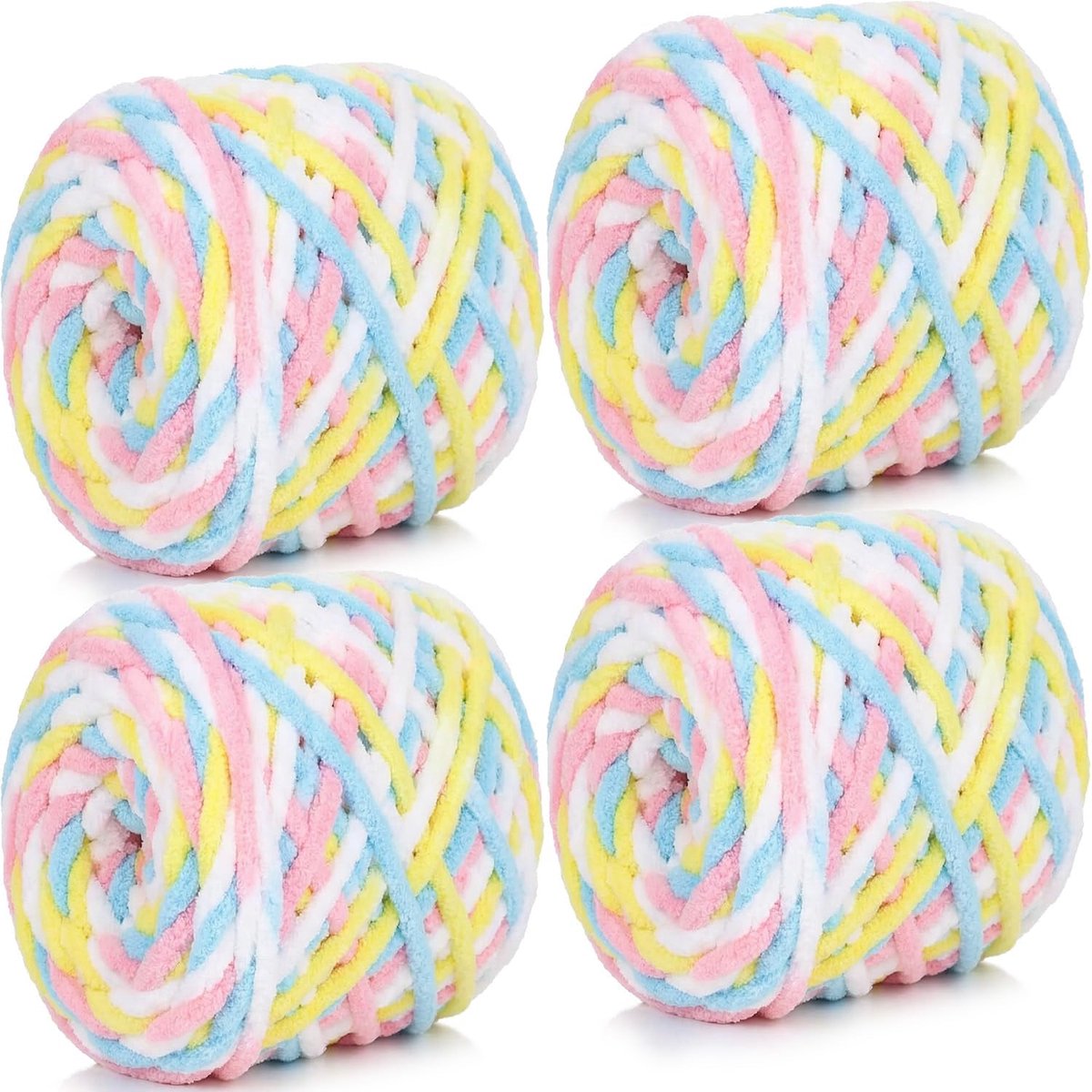 chenillegaren, 4 x 100 g ballen, zachte pluizige meerkleurige pluche wol voor haken en breien, zacht, dik, grof garen, haakgaren voor dekens, mutsen, kussens (roze geel blauw)