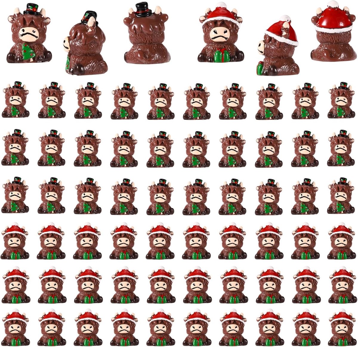 60st Miniatuur Hoogland Koe, Kerstboom & Kerstman Hoed Miniatuur Koe Beeldjes Kleine Hars Sculptuur Kleine Kerst Ornamenten voor Thuis Tuin Boerderij Tafel Feest Decoratie