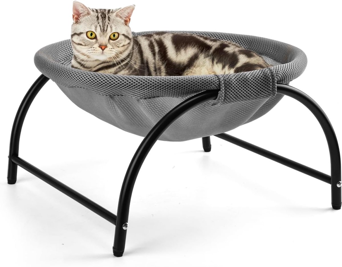 Kattenhangmat, staande kattenhangmat met afneembare, wasbare netstof, verhoogd kattenbed voor binnen en buiten (grijs)