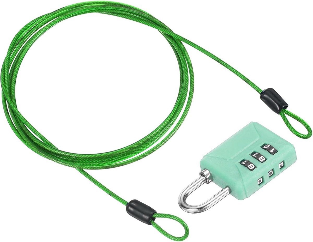 2 m (78 inch) Beveiliging Stalen Kabel met 3-cijferig Combinatieslot, 1 Set Reizen Hangslot PVC Gecoat Veiligheid Draad Touw Dubbele Lus voor Bagage Koffer, Helder Groen Groen