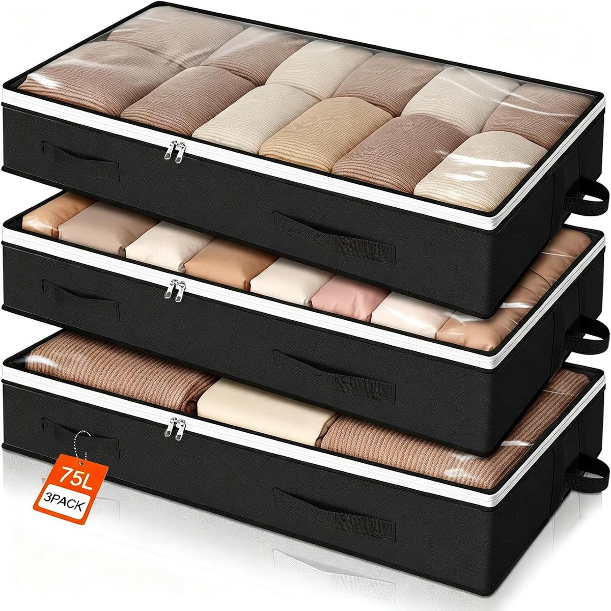 Kledingkastorganizer, 3 stuks, opvouwbaar, vliesstof, voor dekbedden, beddengoed, kleding voor slaapkamer, zwart