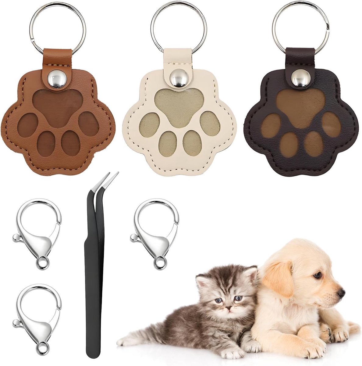 Pakket van 3 sleutelhangers met dierenbont, leren sleutelhanger met katten- en hondenhaar, gedenksleutelhangers, cadeaus voor dierenliefhebbers