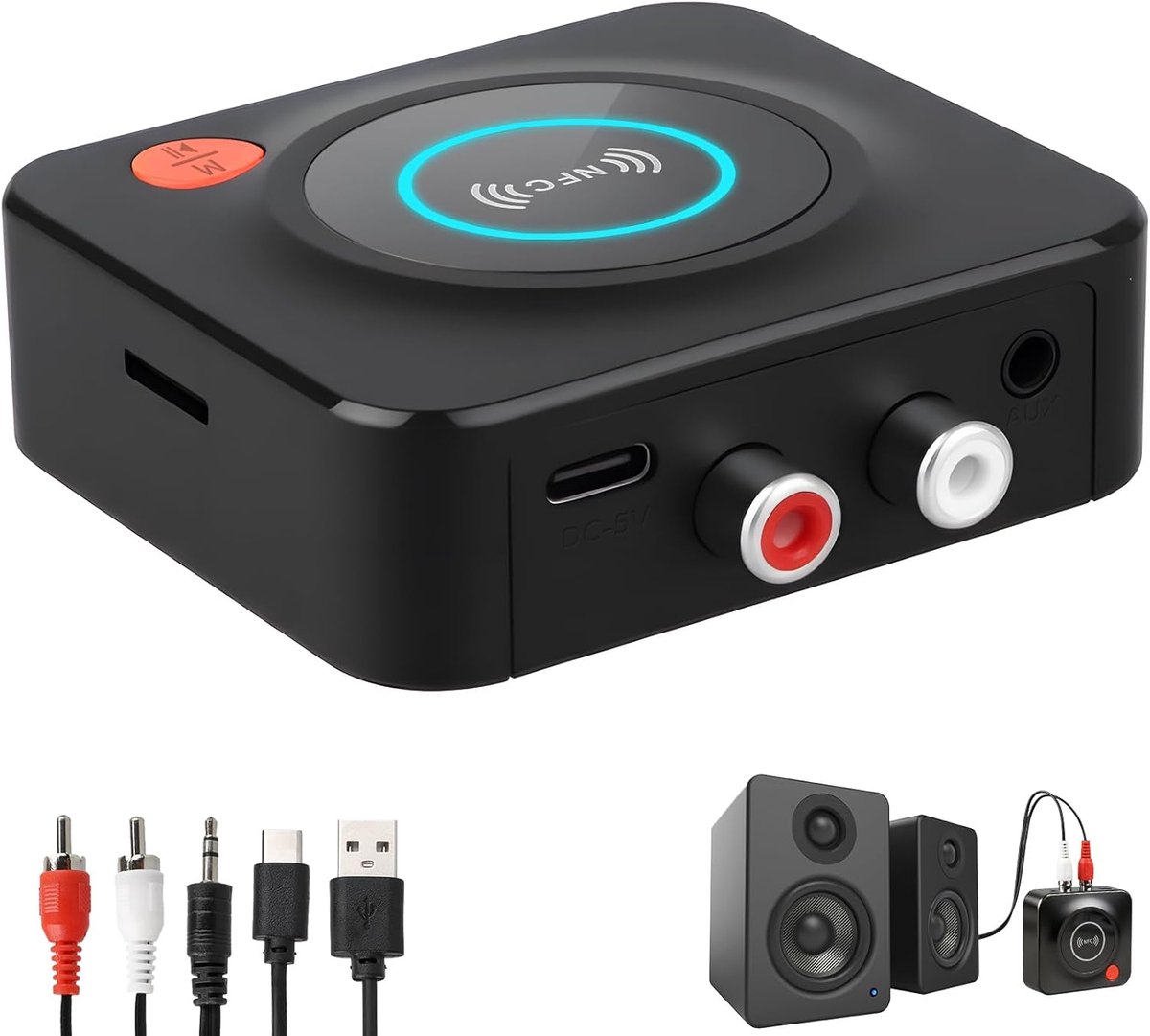 5.1 HiFi-ontvanger voor stereo, draadloze RCA-audio-adapter en 3,5 mm jack, dubbele aansluiting, 30 meter, transformeert systemen, tablet, smartphone, pc en laptop in draadloze audio