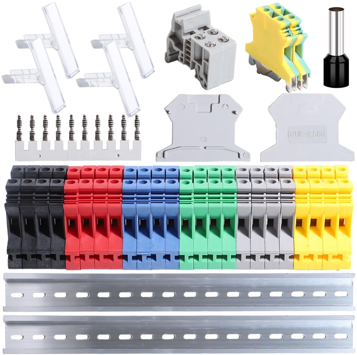 railtype, spanning, gecombineerde blokken, DIN-blokken, kit DK2.5N connectoren, 12-22 AWG spoor, aardingsblokken, jumpers, houders, 600 V, afdekkingen, grijs