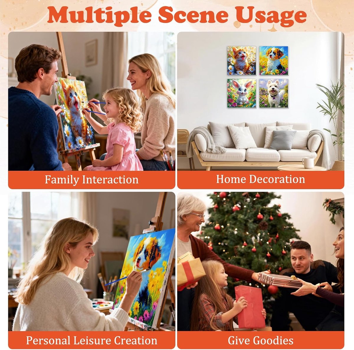 Set van 4 verven op nummer, kits voor volwassenen, beginners, schattige dieren schilderen op nummer ingelijst op canvas, doe-het-zelf knutselkunstschilderkits voor kinderen