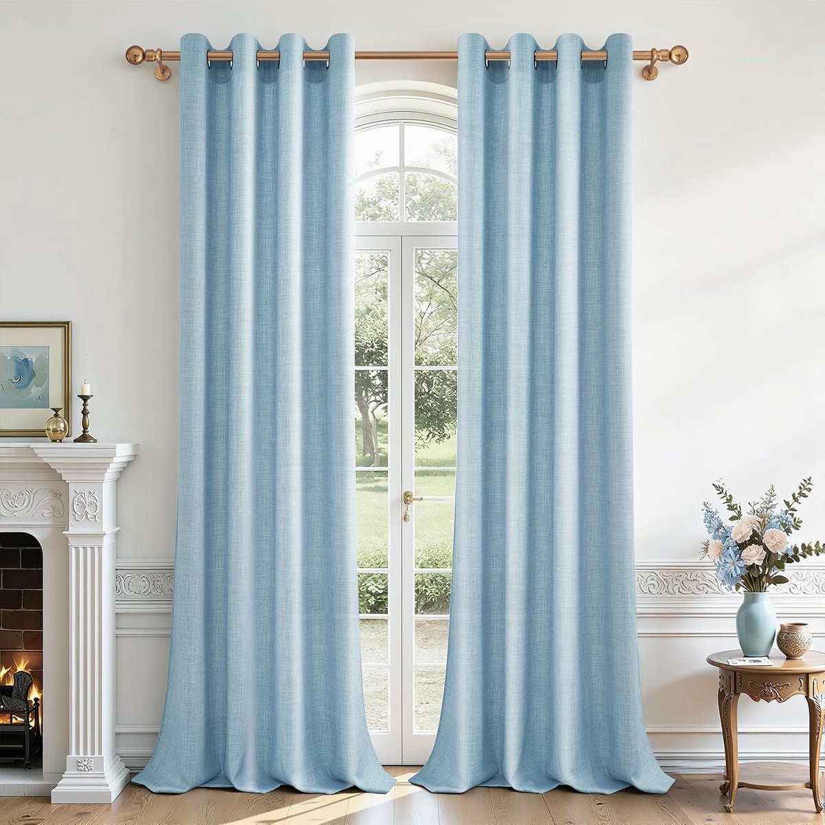 Gordijn blauw met ingestanste ringen, linnenlook, set van 2 stuks, 245 x 140 cm (h x b), semi-transparant, voor woonkamer, modern, slaapkamer, balkondeur, binnen, gordijnen woonkamer