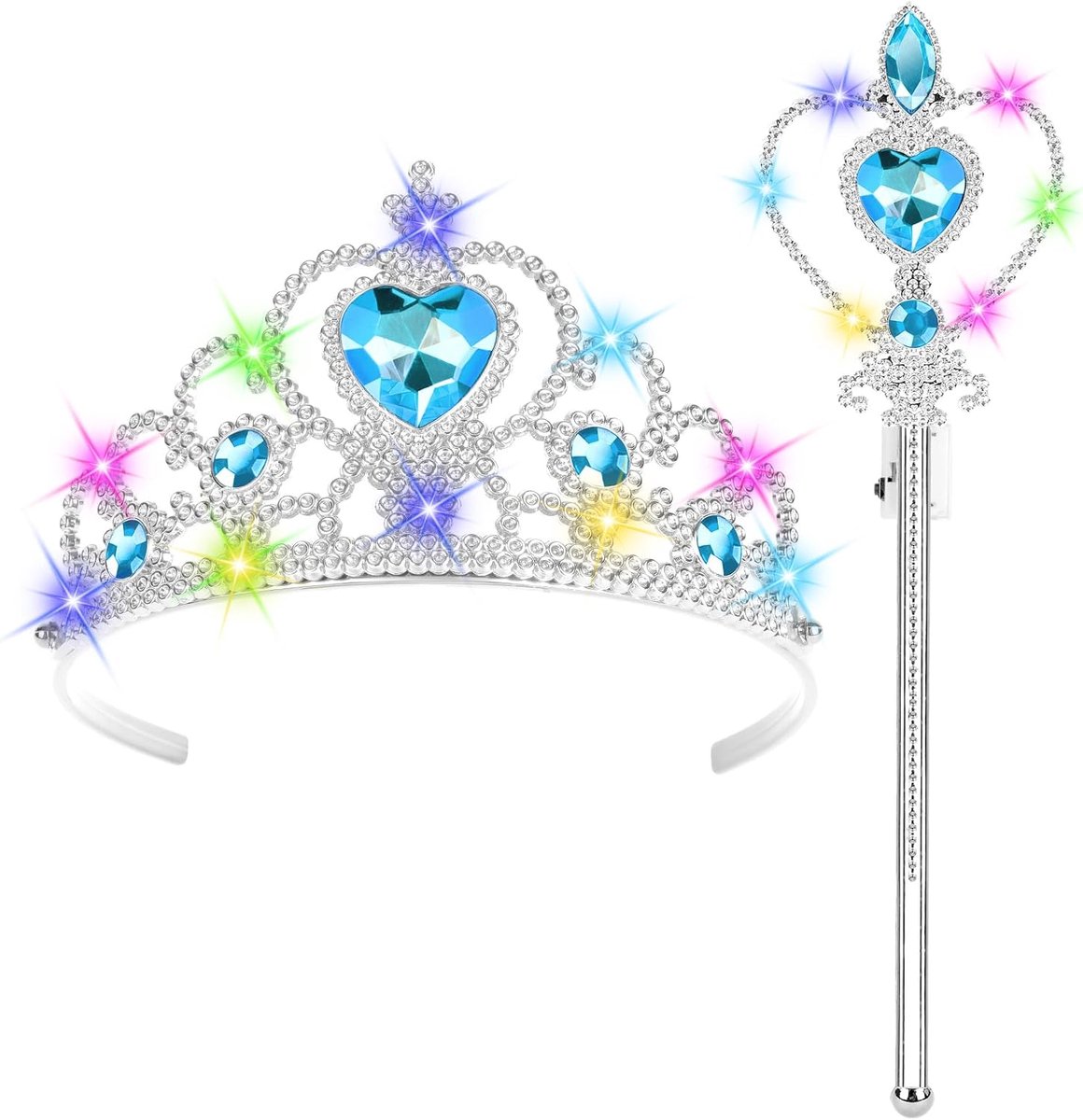 Verlichte Prinses Tiara Set,Prinsessen Aankleed Accessoires,Prinsessen Toverstaf Set,met Kroon en Toverstaf,voor Verjaardag, Feest, Cosplay,