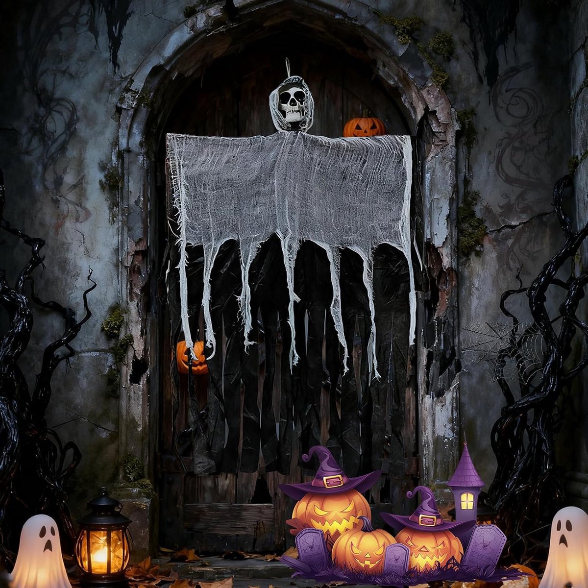 Halloween Skeletten en Geest Decoratie, 90×52CM Hangende Grim Reaper Met Schedel en Gaze, Spookachtige Tuin- en Huisdecoratie voor Halloween Feestjes