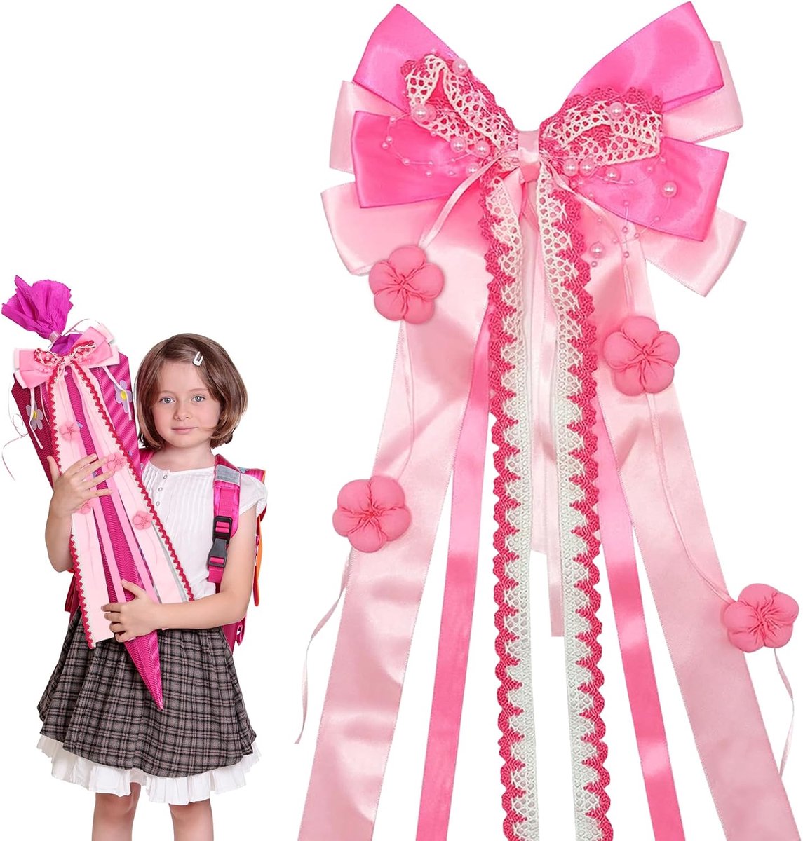 Strik schooltas voor meisjes, gepersonaliseerde strik voor schoolzak, handgemaakte accessoires, snoepzakstrik, decoratie voor de eerste schooldag, decoratie (roze-1)