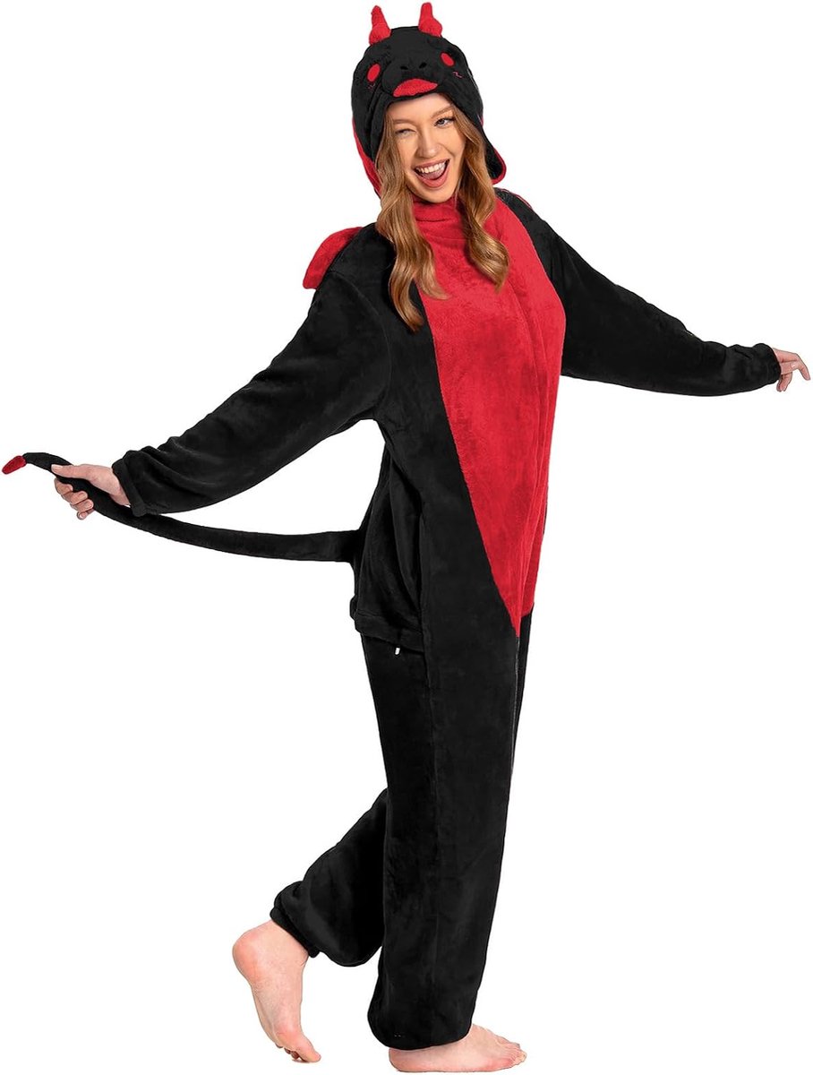 Onesies voor Volwassenen Unisex Nieuwigheid Pyjama Kostuum voor Halloween Zachte Comfortabele Thuiskleding Nachtkleding Eendelig Slipjamas Cosplay Loungewear (M, Zwarte Draak)