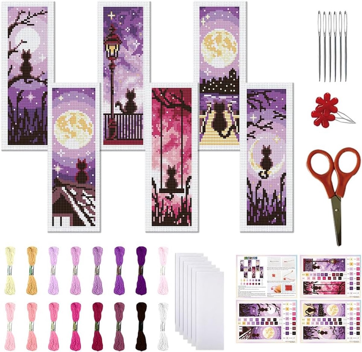 6 Kruissteek Boekenlegger Set Kat in de Nacht Geprint Patroon Doe-Het-Zelf Instructies Inbegrepen Ideaal voor Volwassen Beginners en Leesliefhebbers 20,3 x 6,1 cm